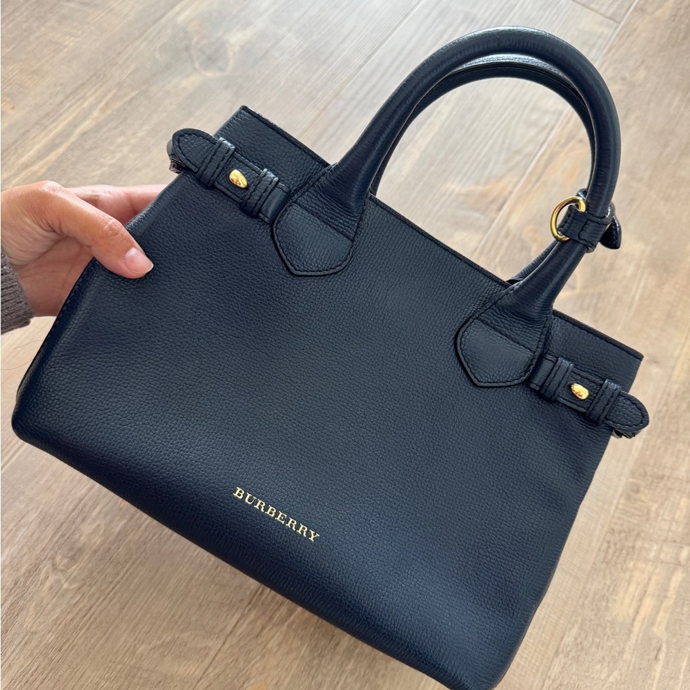 Authentic Burberry Navy Blue Leather House Check banner Tote Bag